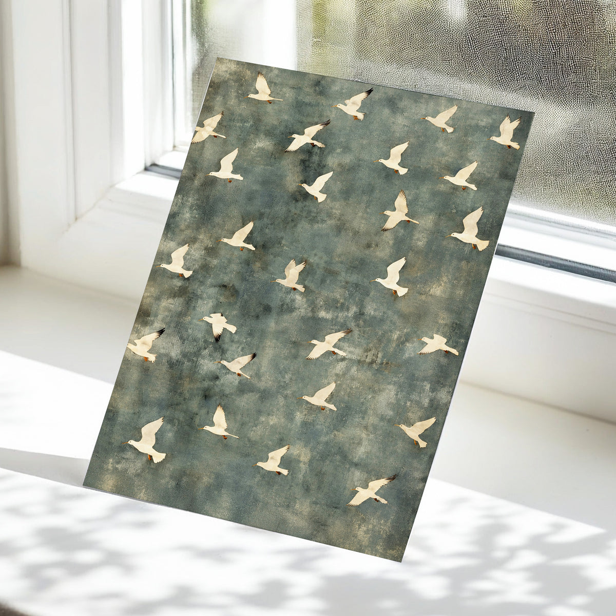 Gulls in Quiet Flight, green, gray, beige nature wall art displayed in a styled interior, gallery view 5