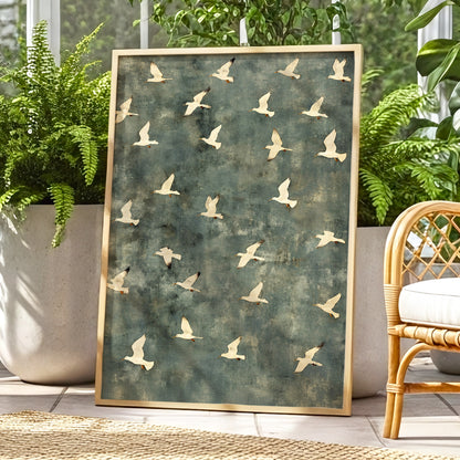 Gulls in Quiet Flight, green, gray, beige nature wall art displayed in a styled interior, gallery view 6