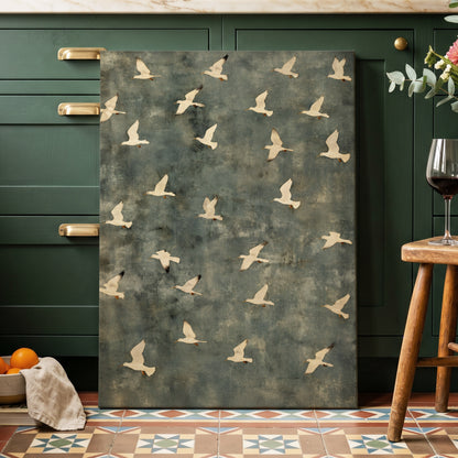 Gulls in Quiet Flight, green, gray, beige nature wall art displayed in a styled interior, gallery view 7