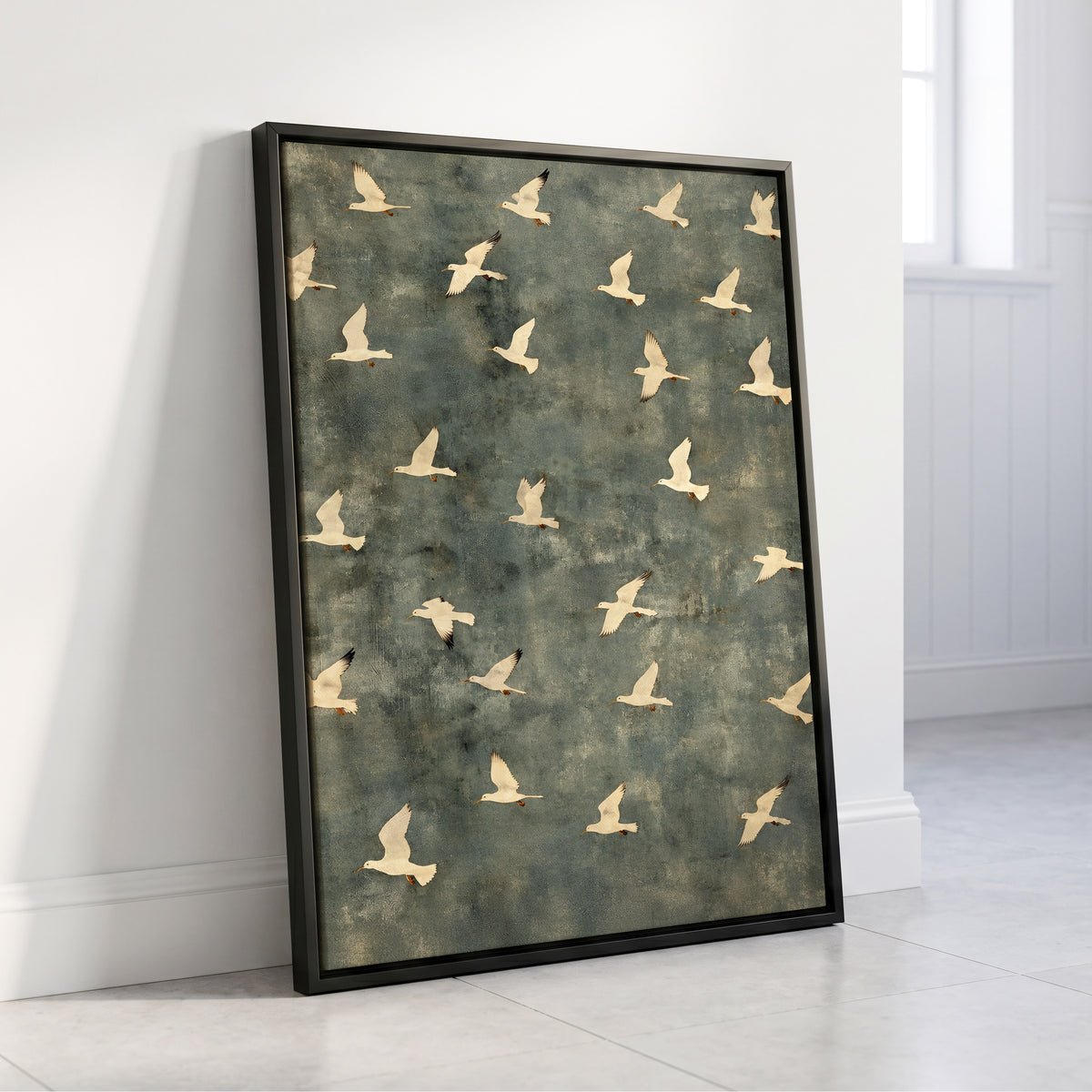 Gulls in Quiet Flight, green, gray, beige nature wall art displayed in a styled interior, gallery view 8