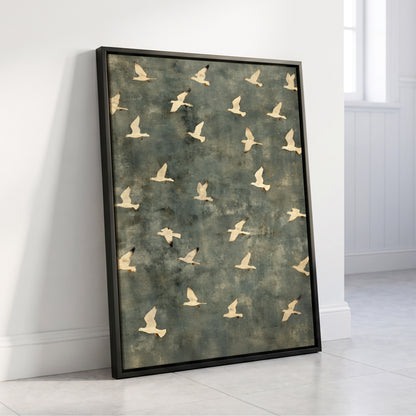 Gulls in Quiet Flight, green, gray, beige nature wall art displayed in a styled interior, gallery view 8