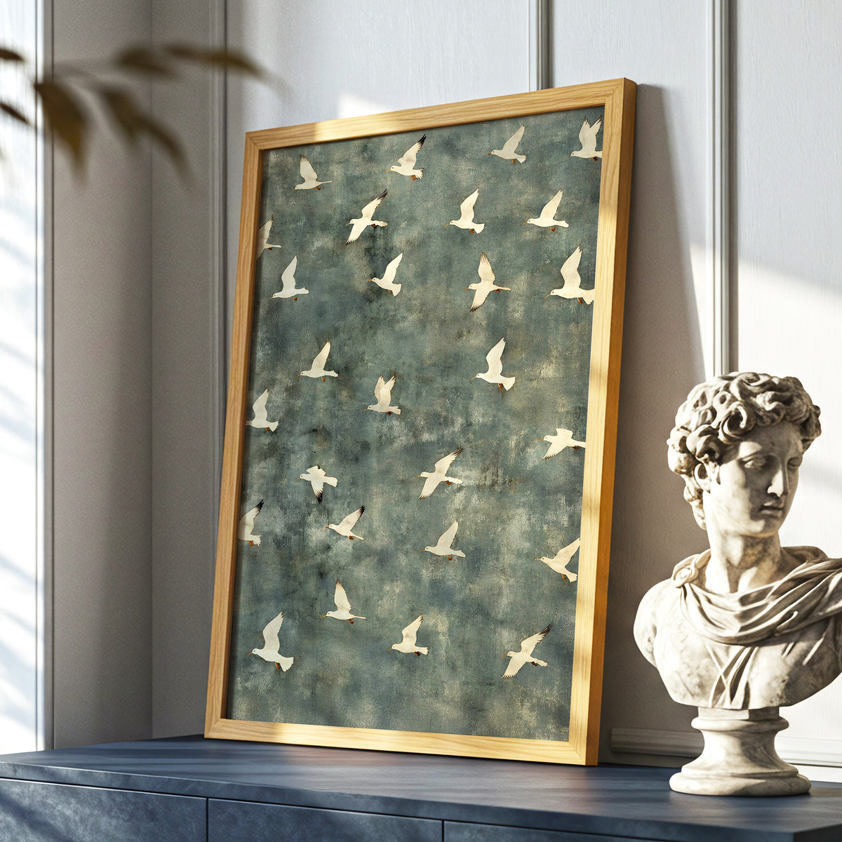 Gulls in Quiet Flight, green, gray, beige nature wall art displayed in a styled interior, gallery view 9