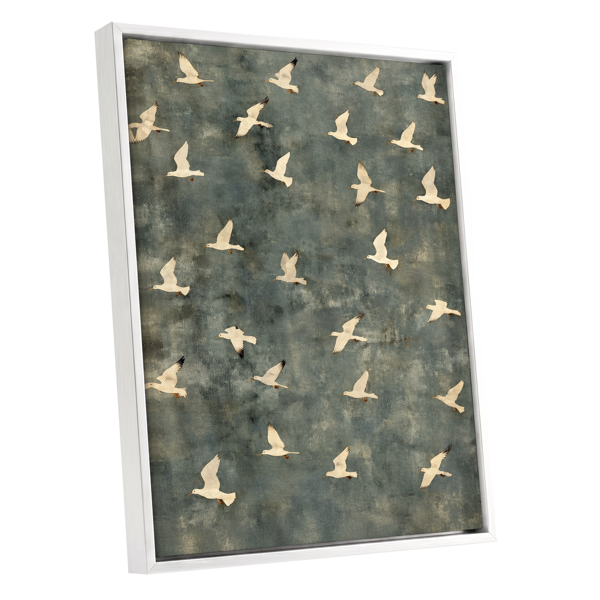 Gulls in Quiet Flight, green, gray, beige nature wall art shown as a white framed canvas wall art