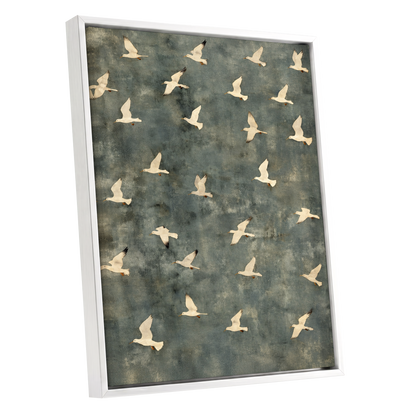 Gulls in Quiet Flight, green, gray, beige nature wall art shown as a white framed canvas wall art