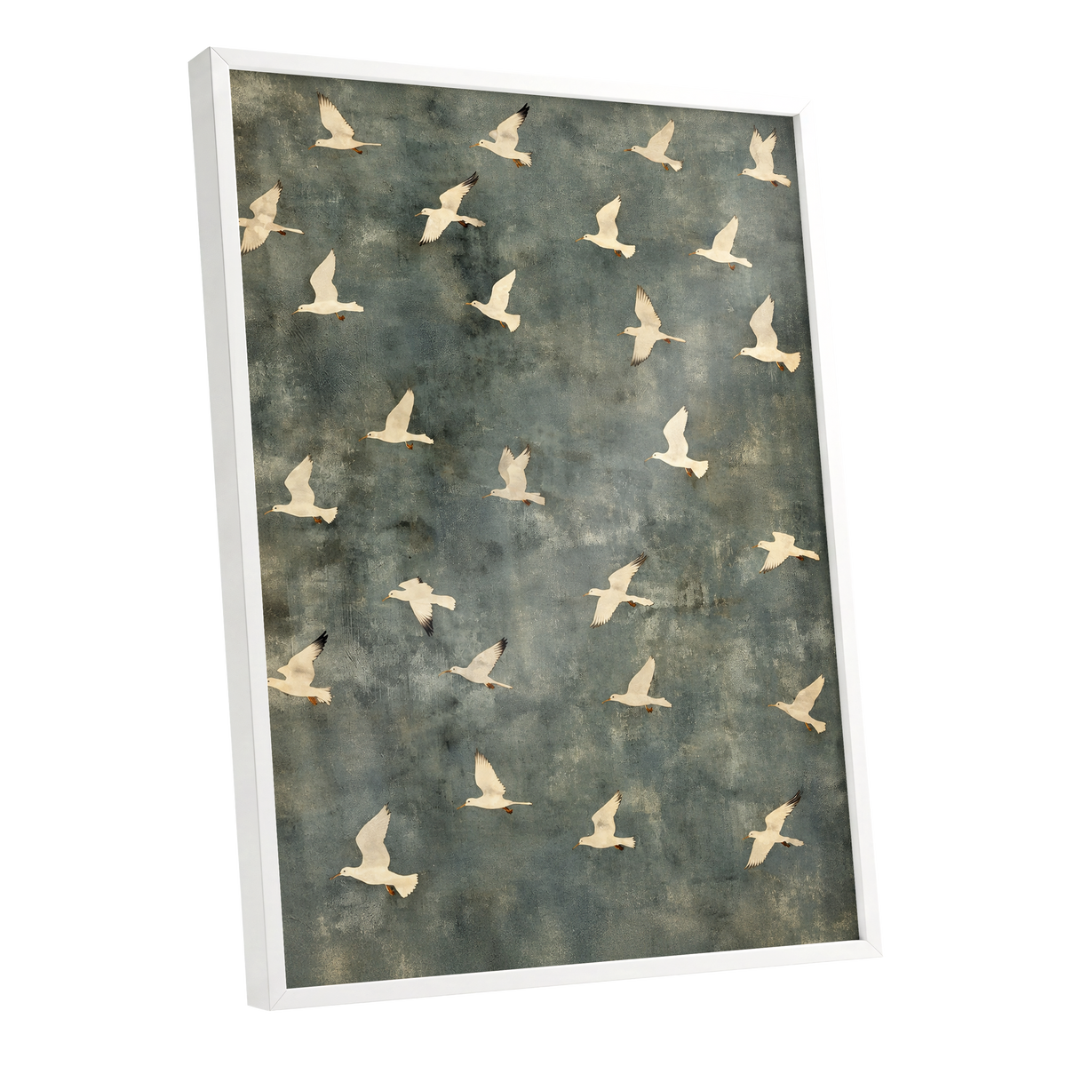 Gulls in Quiet Flight, green, gray, beige nature wall art shown as a white framed poster wall art print
