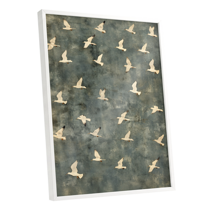 Gulls in Quiet Flight, green, gray, beige nature wall art shown as a white framed poster wall art print