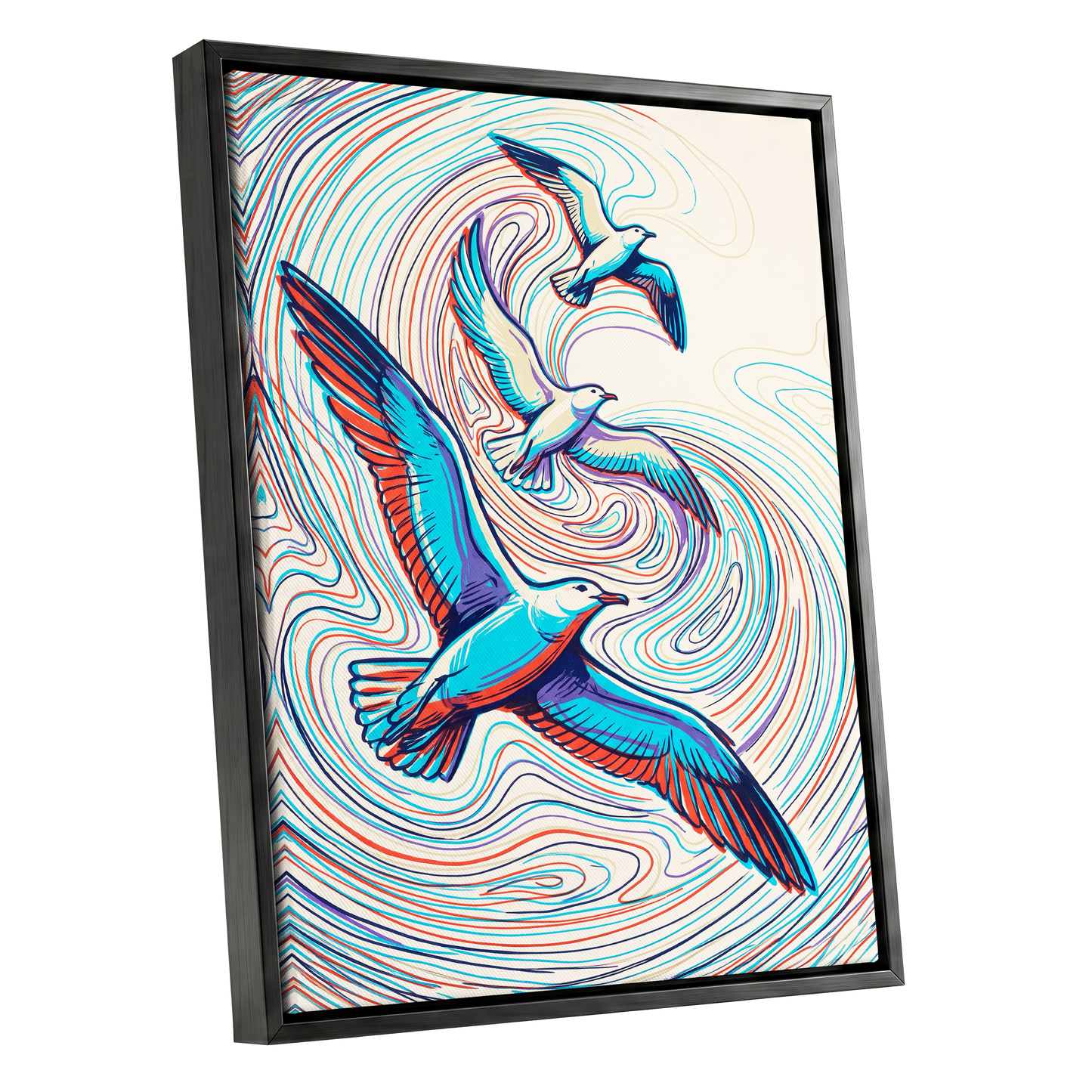 Gulls in the Slipstream, blue, red, beige nature wall art shown as a black framed canvas wall art