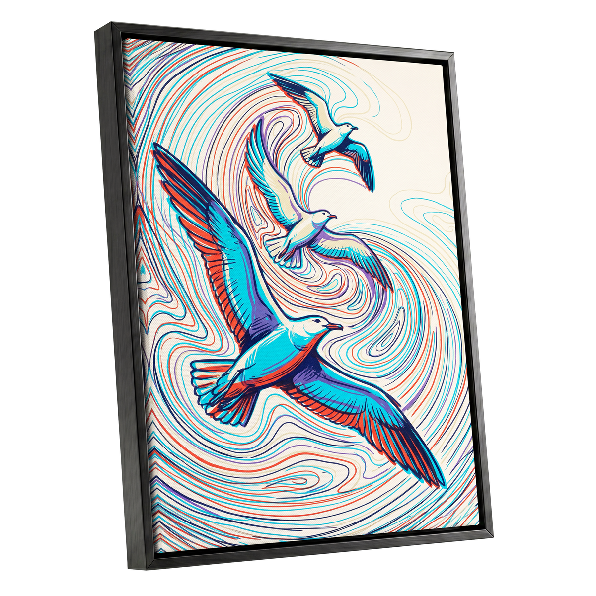Gulls in the Slipstream, blue, red, beige nature wall art shown as a black framed canvas wall art