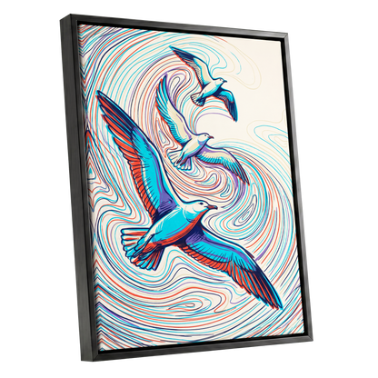 Gulls in the Slipstream, blue, red, beige nature wall art shown as a black framed canvas wall art