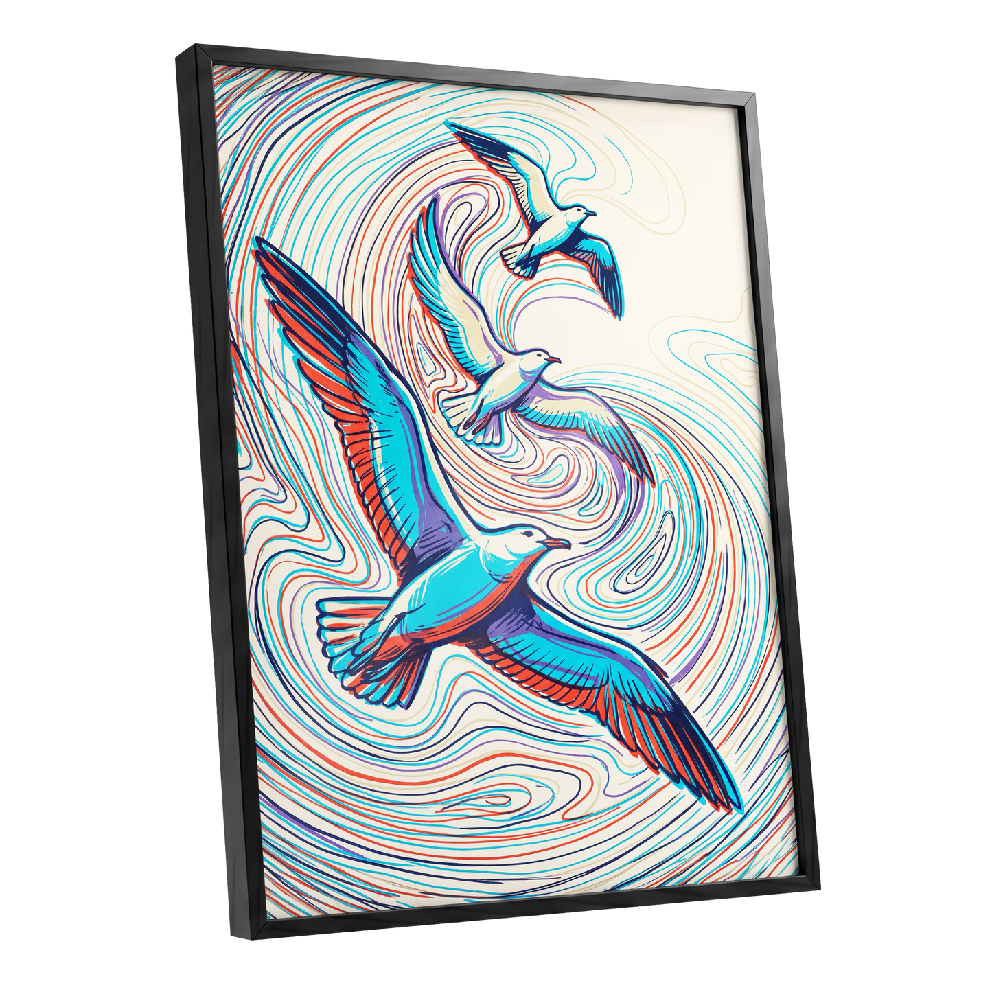 Gulls in the Slipstream, blue, red, beige nature wall art shown as a black framed poster wall art print