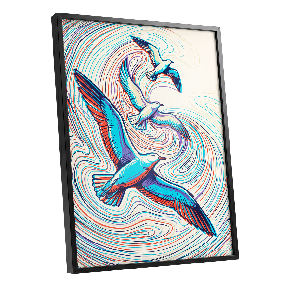 Gulls in the Slipstream, blue, red, beige nature wall art shown as a black framed poster wall art print
