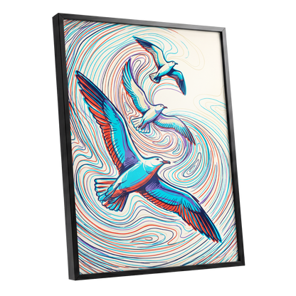 Gulls in the Slipstream, blue, red, beige nature wall art shown as a black framed poster wall art print
