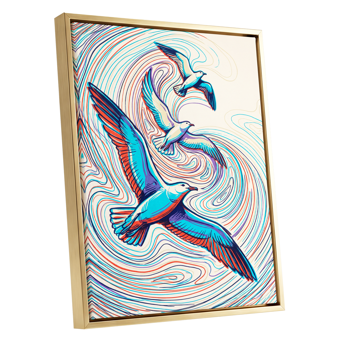 Gulls in the Slipstream, blue, red, beige nature wall art shown as a gold framed canvas wall art