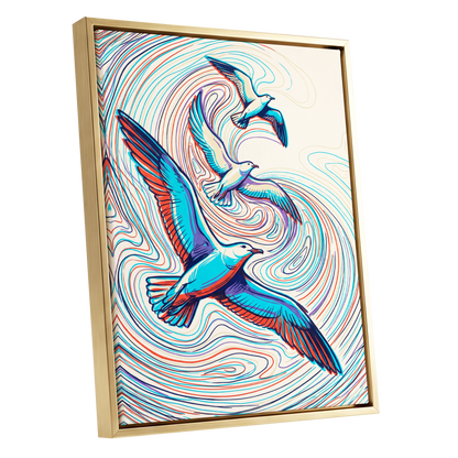 Gulls in the Slipstream, blue, red, beige nature wall art shown as a gold framed canvas wall art