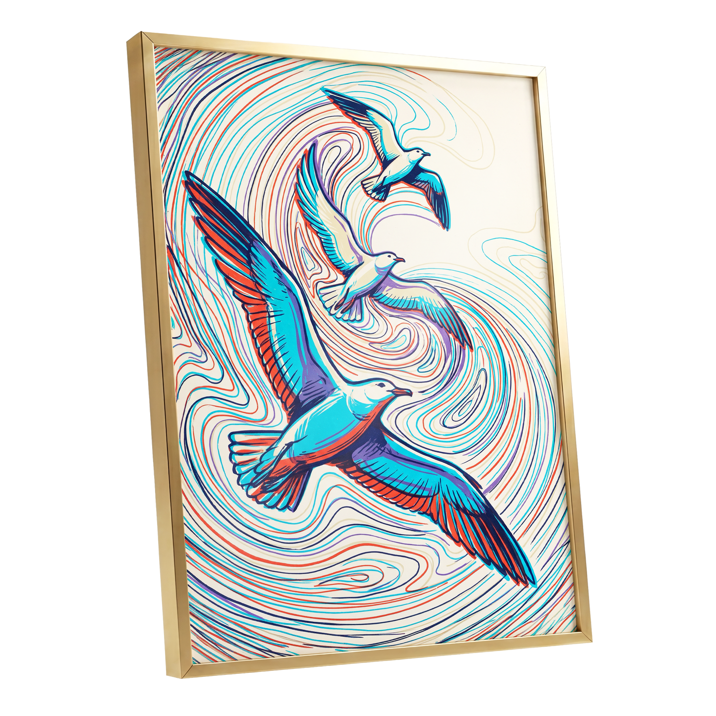 Gulls in the Slipstream, blue, red, beige nature wall art shown as a gold framed poster wall art print