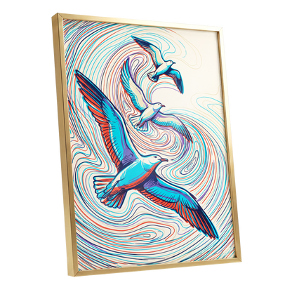 Gulls in the Slipstream, blue, red, beige nature wall art shown as a gold framed poster wall art print