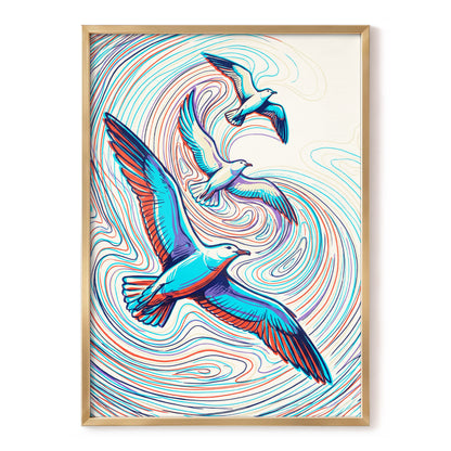 Gulls in the Slipstream, blue, red, beige nature wall art, front artwork view