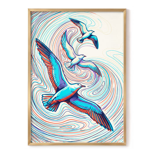 Gulls in the Slipstream, blue, red, beige nature wall art, front artwork view