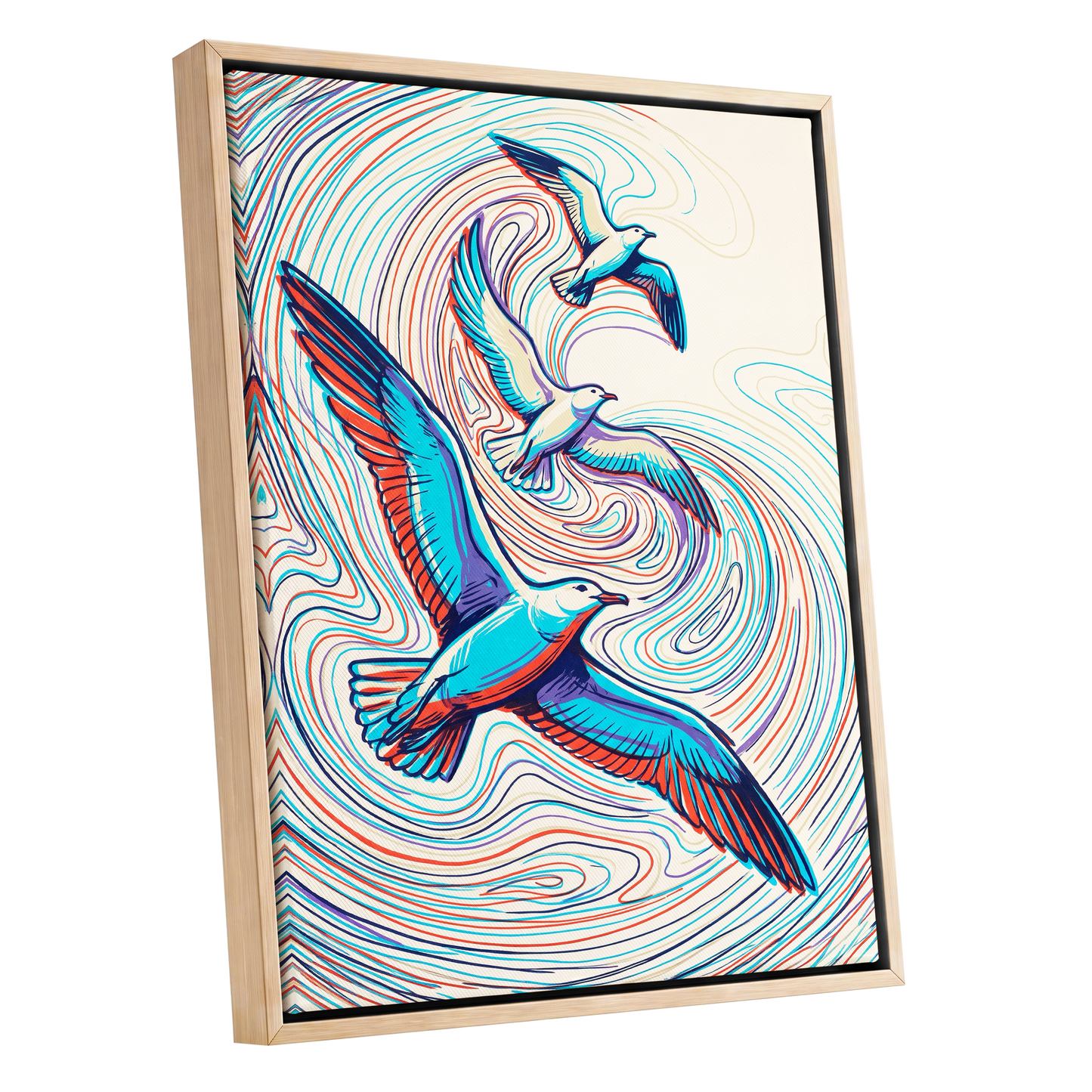 Gulls in the Slipstream, blue, red, beige nature wall art shown as a oak framed canvas wall art