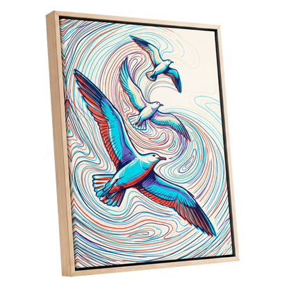 Gulls in the Slipstream, blue, red, beige nature wall art shown as a oak framed canvas wall art