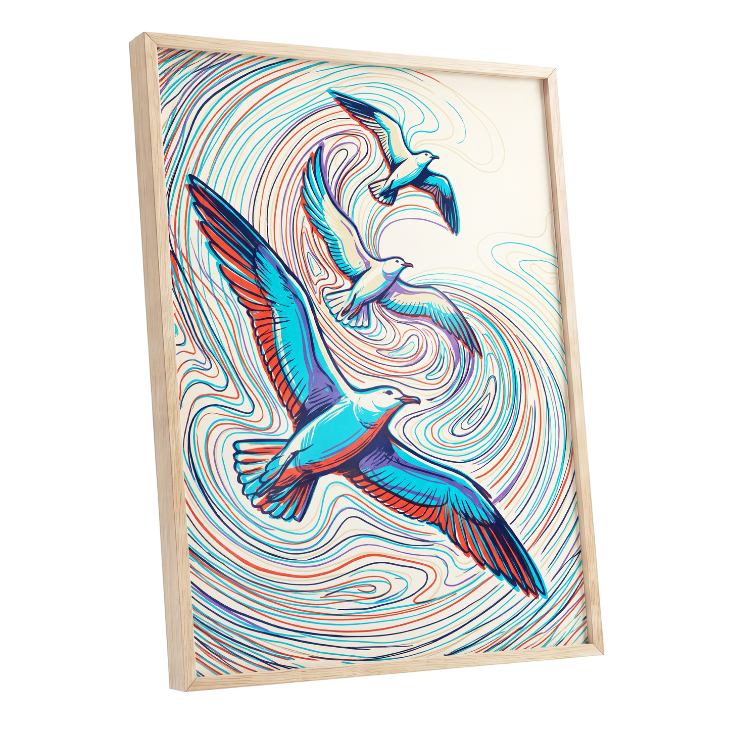 Gulls in the Slipstream, blue, red, beige nature wall art shown as a oak framed poster wall art print