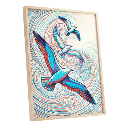 Gulls in the Slipstream, blue, red, beige nature wall art shown as a oak framed poster wall art print