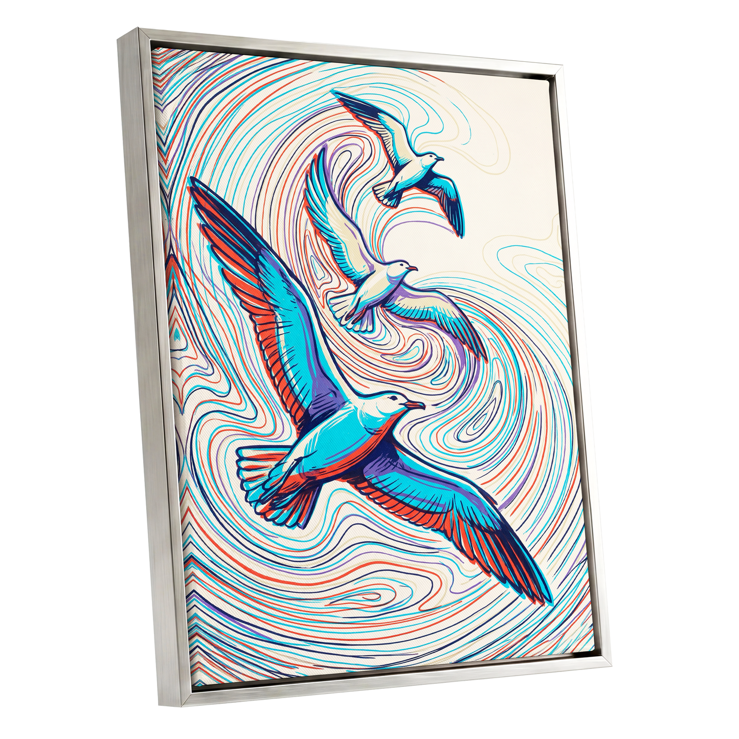 Gulls in the Slipstream, blue, red, beige nature wall art shown as a silver framed canvas wall art