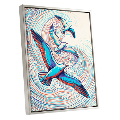Gulls in the Slipstream, blue, red, beige nature wall art shown as a silver framed canvas wall art