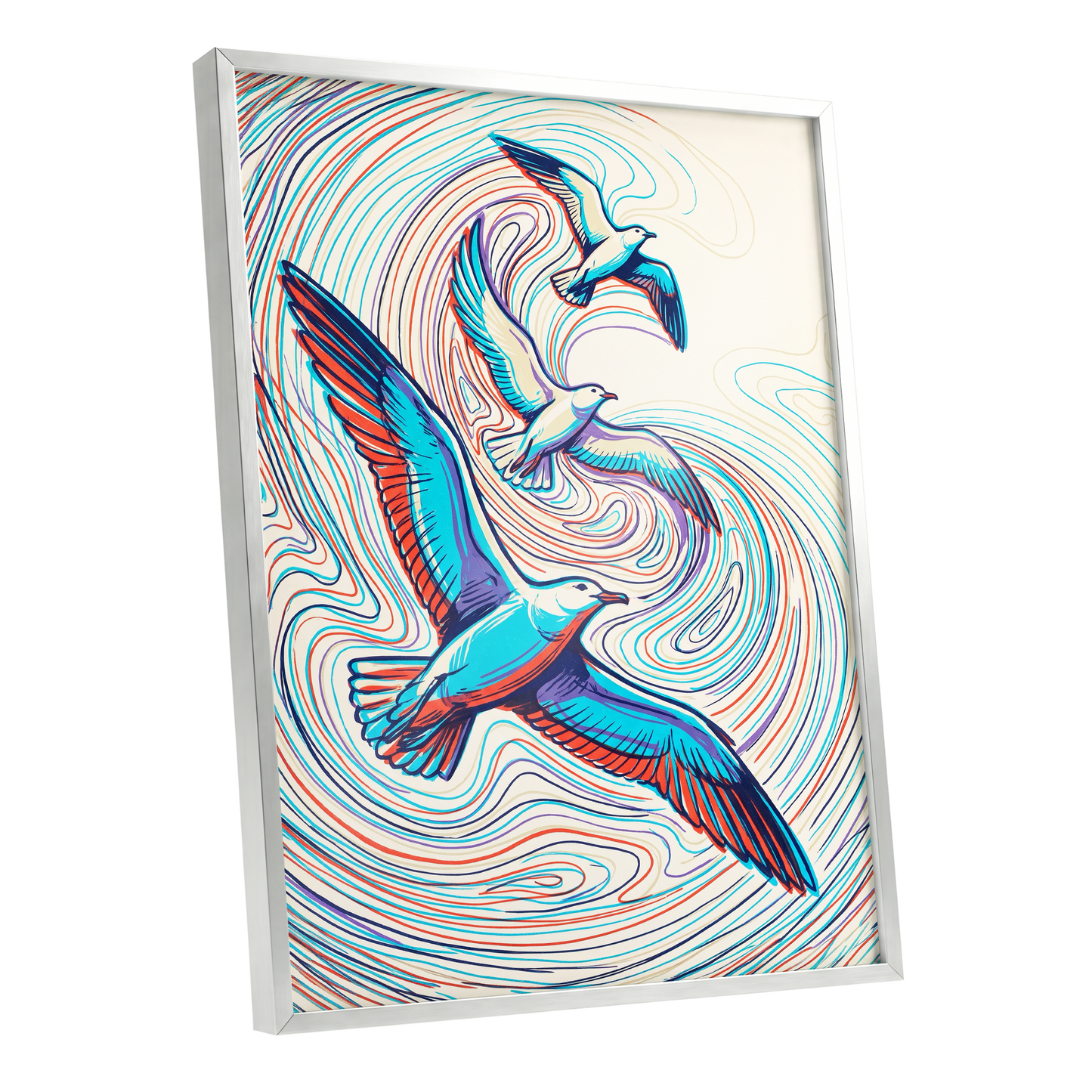 Gulls in the Slipstream, blue, red, beige nature wall art shown as a silver framed poster wall art print
