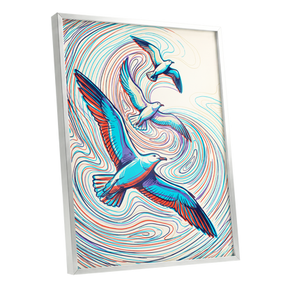 Gulls in the Slipstream, blue, red, beige nature wall art shown as a silver framed poster wall art print