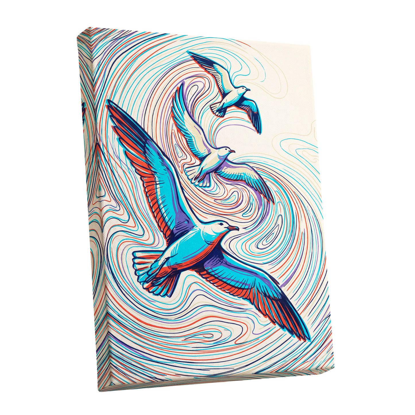 Gulls in the Slipstream, blue, red, beige nature wall art shown as a stretched canvas wall art