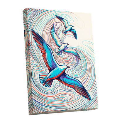 Gulls in the Slipstream, blue, red, beige nature wall art shown as a stretched canvas wall art
