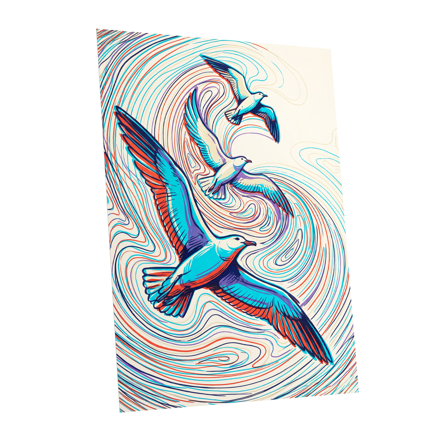 Gulls in the Slipstream, blue, red, beige nature wall art shown as a unframed poster wall art print