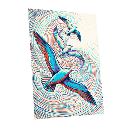 Gulls in the Slipstream, blue, red, beige nature wall art shown as a unframed poster wall art print