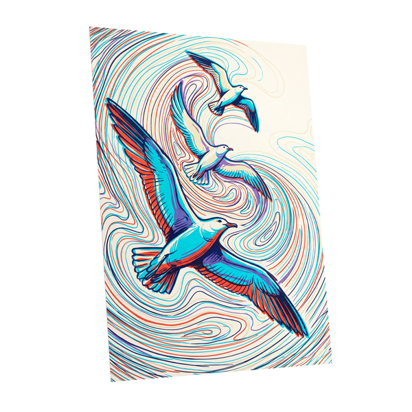 Gulls in the Slipstream, blue, red, beige nature wall art shown as a unframed poster wall art print
