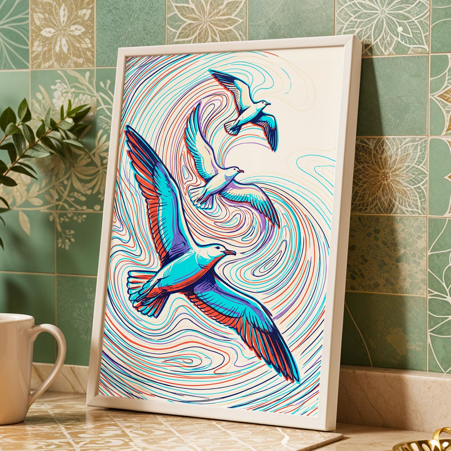Gulls in the Slipstream, blue, red, beige nature wall art displayed in a styled interior, gallery view 2