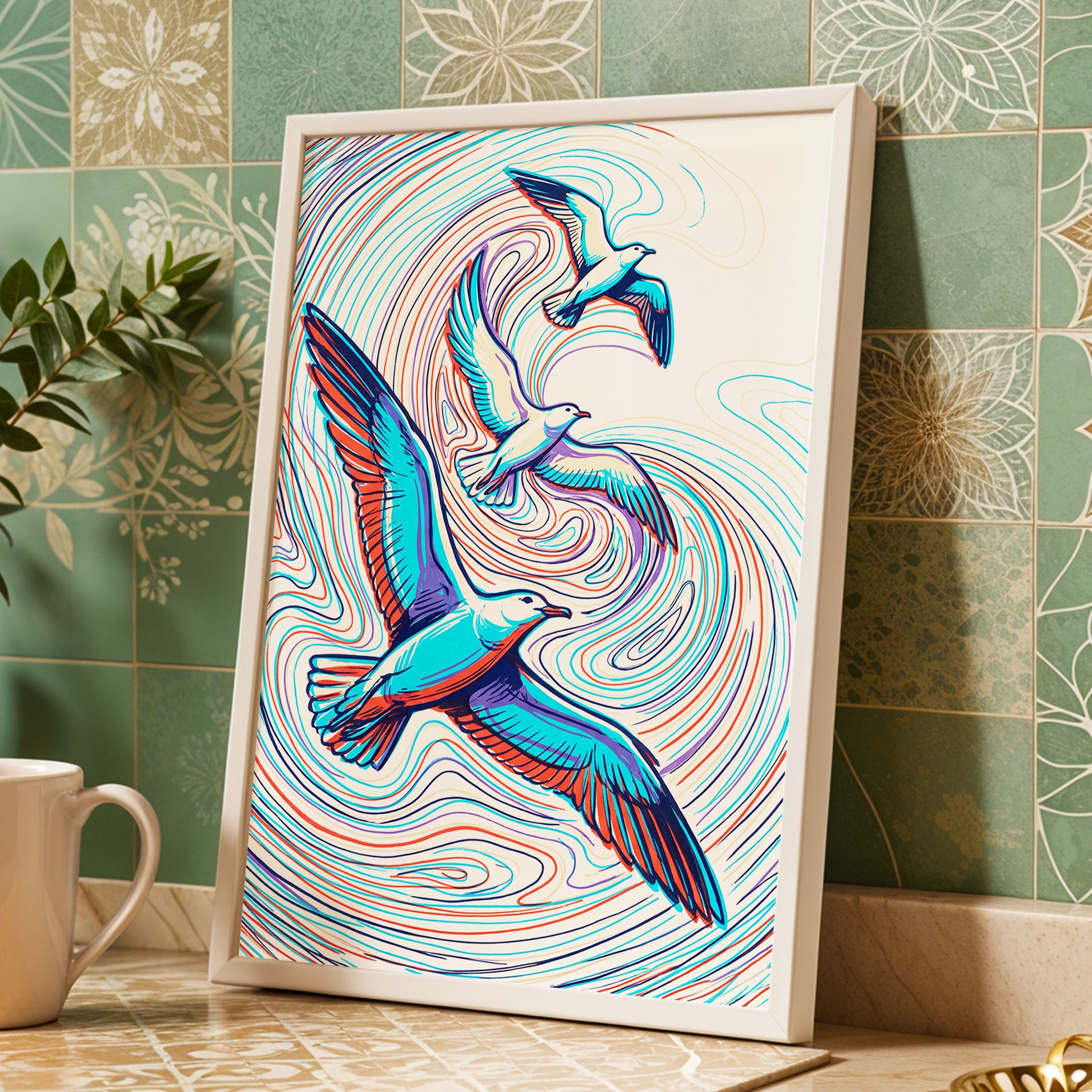 Gulls in the Slipstream, blue, red, beige nature wall art displayed in a styled interior, gallery view 2