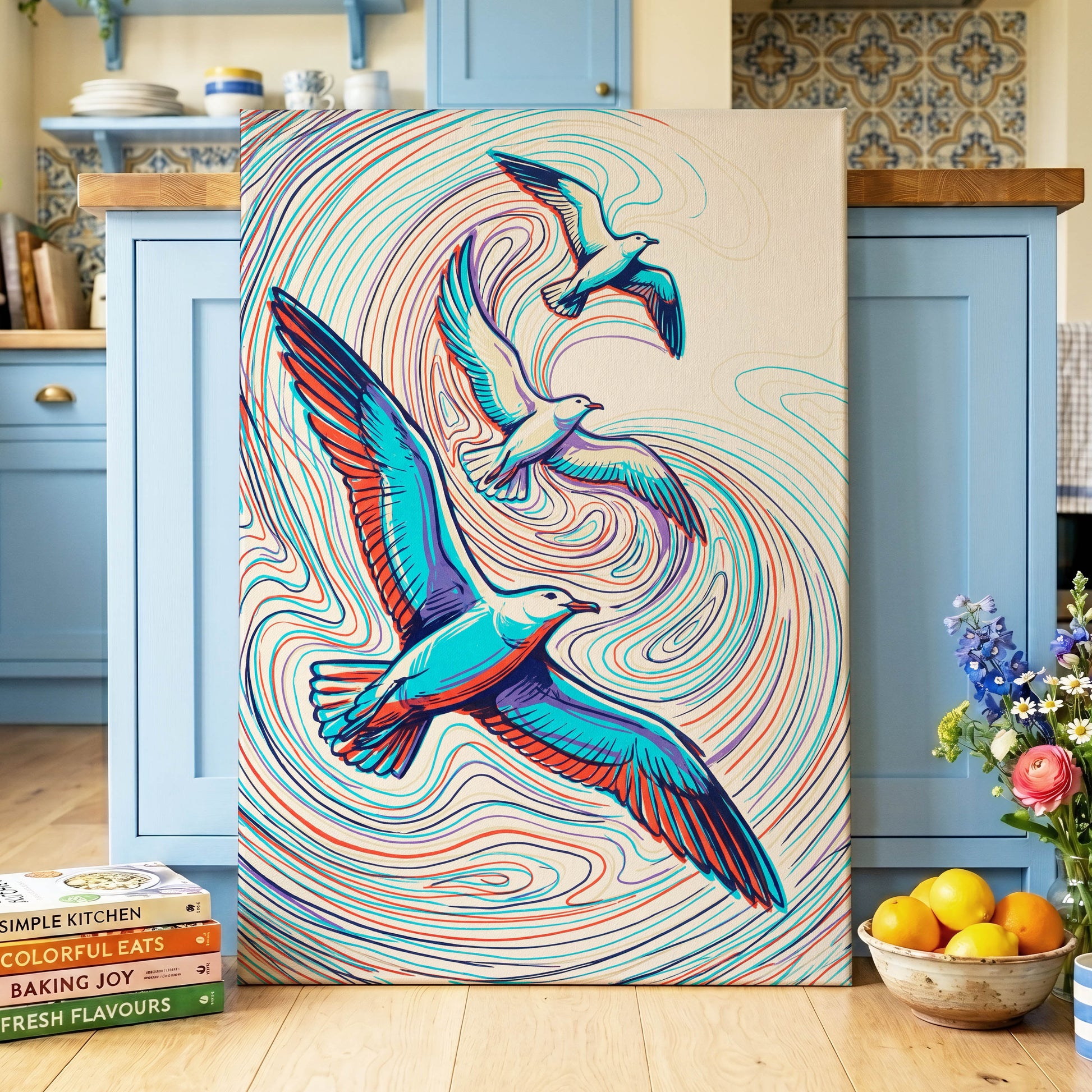 Gulls in the Slipstream, blue, red, beige nature wall art displayed in a styled interior, gallery view 3