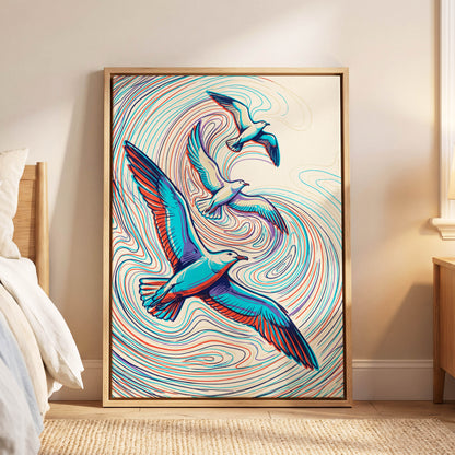 Gulls in the Slipstream, blue, red, beige nature wall art displayed in a styled interior, gallery view 4