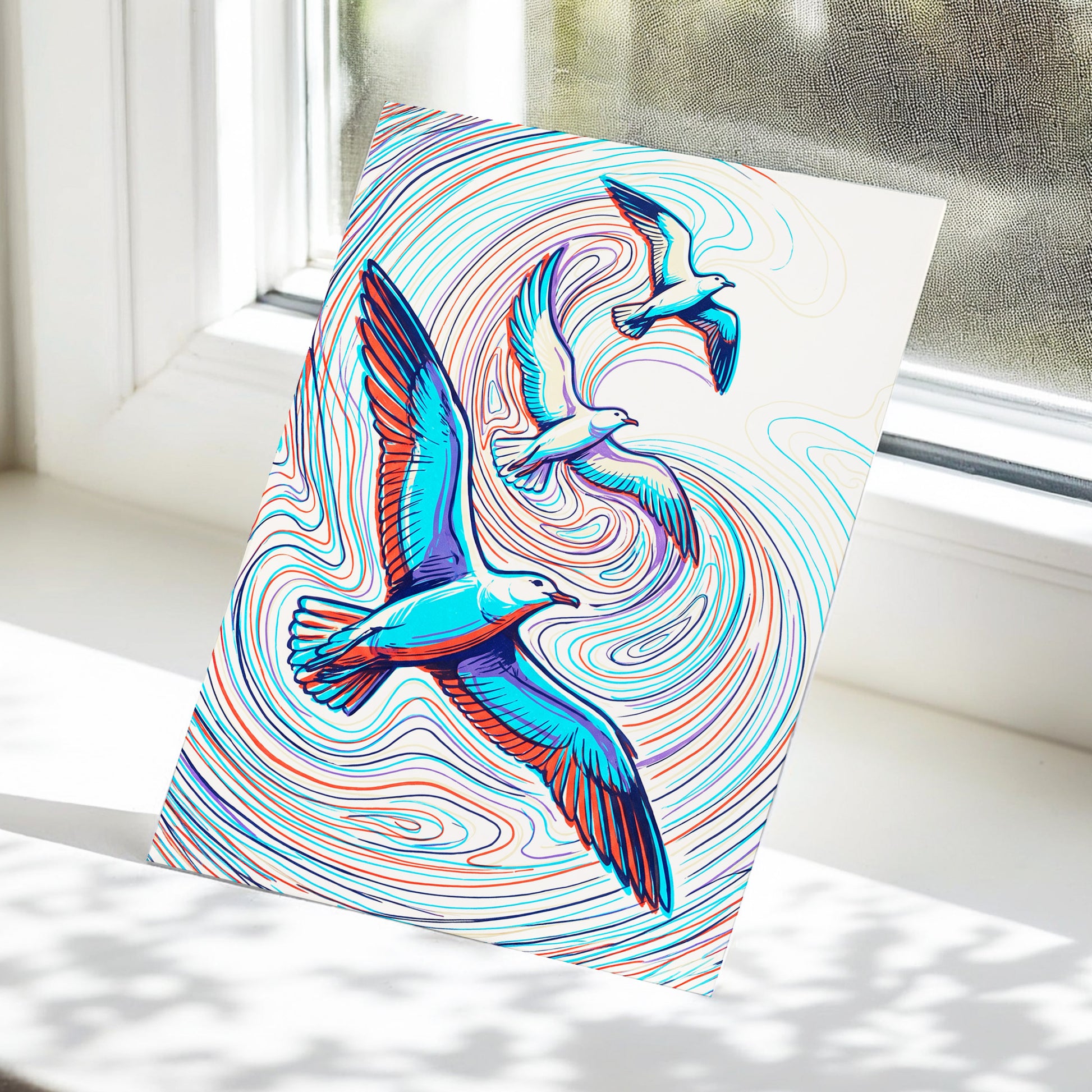 Gulls in the Slipstream, blue, red, beige nature wall art displayed in a styled interior, gallery view 5