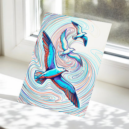 Gulls in the Slipstream, blue, red, beige nature wall art displayed in a styled interior, gallery view 5