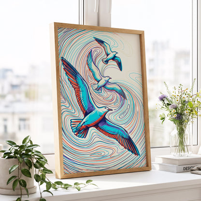 Gulls in the Slipstream, blue, red, beige nature wall art displayed in a styled interior, gallery view 6