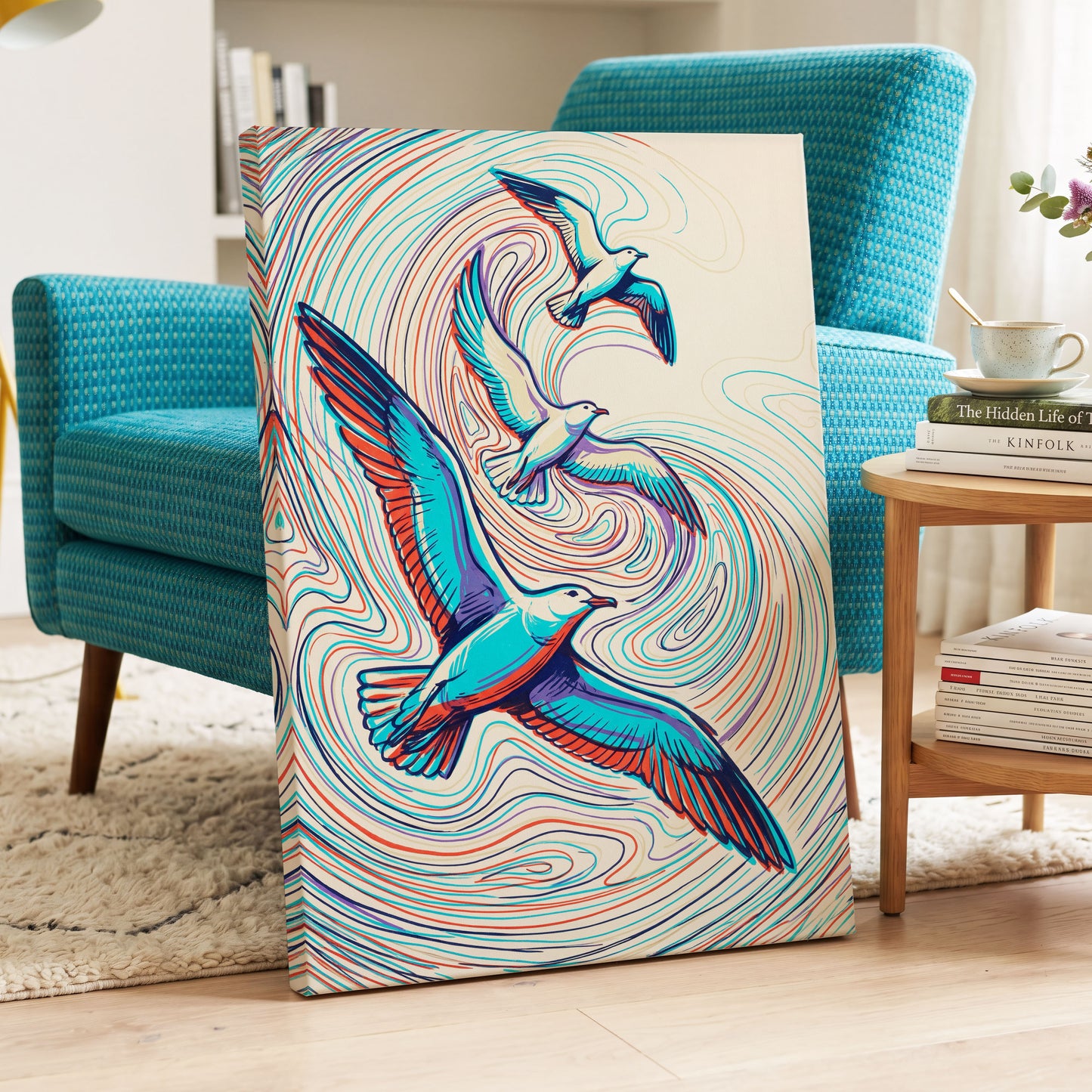 Gulls in the Slipstream, blue, red, beige nature wall art displayed in a styled interior, gallery view 7