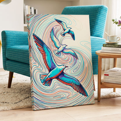 Gulls in the Slipstream, blue, red, beige nature wall art displayed in a styled interior, gallery view 7