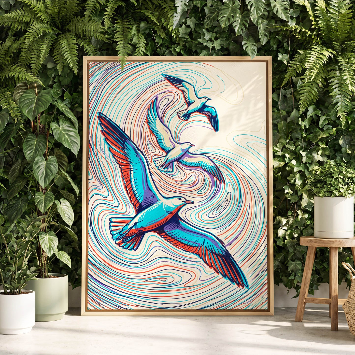 Gulls in the Slipstream, blue, red, beige nature wall art displayed in a styled interior, gallery view 8