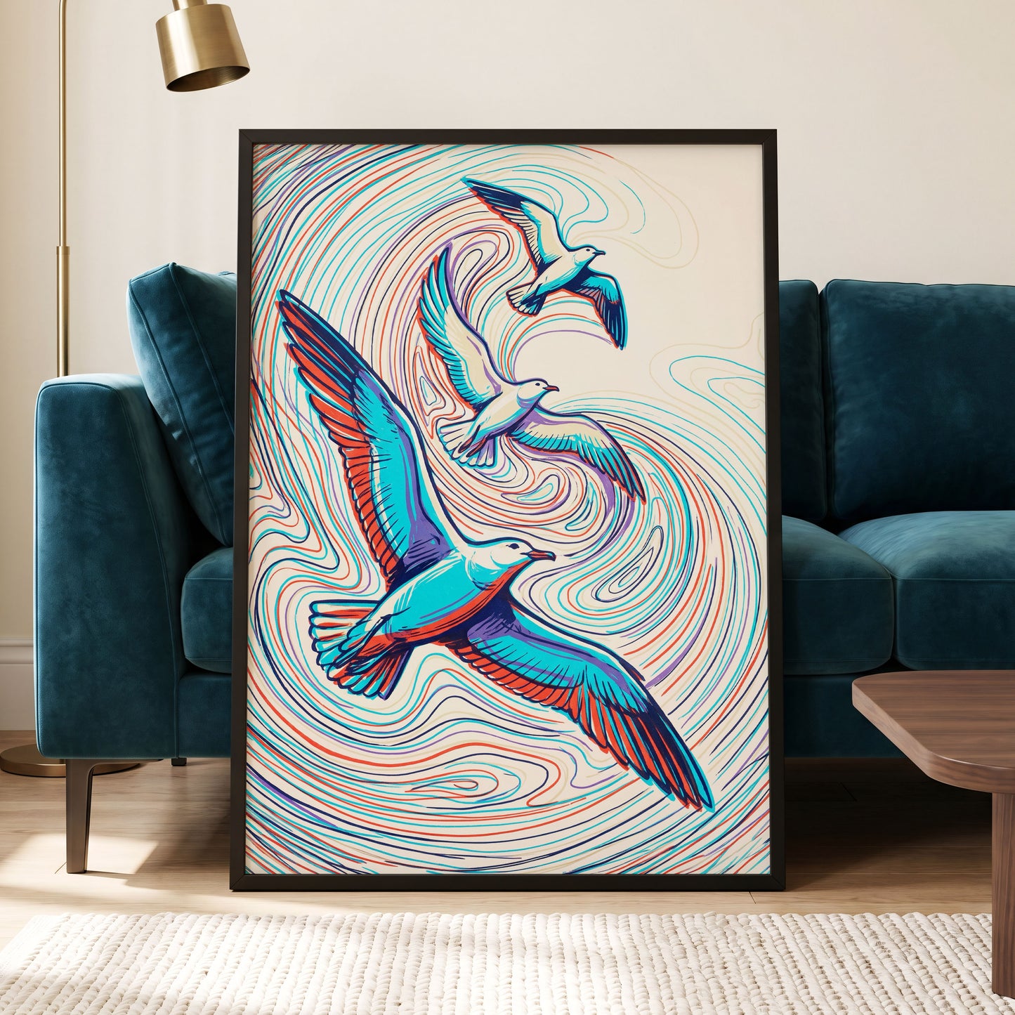 Gulls in the Slipstream, blue, red, beige nature wall art displayed in a styled interior, gallery view 9