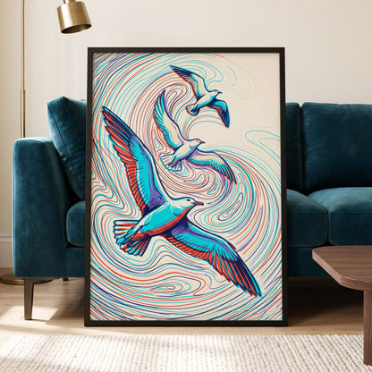 Gulls in the Slipstream, blue, red, beige nature wall art displayed in a styled interior, gallery view 9