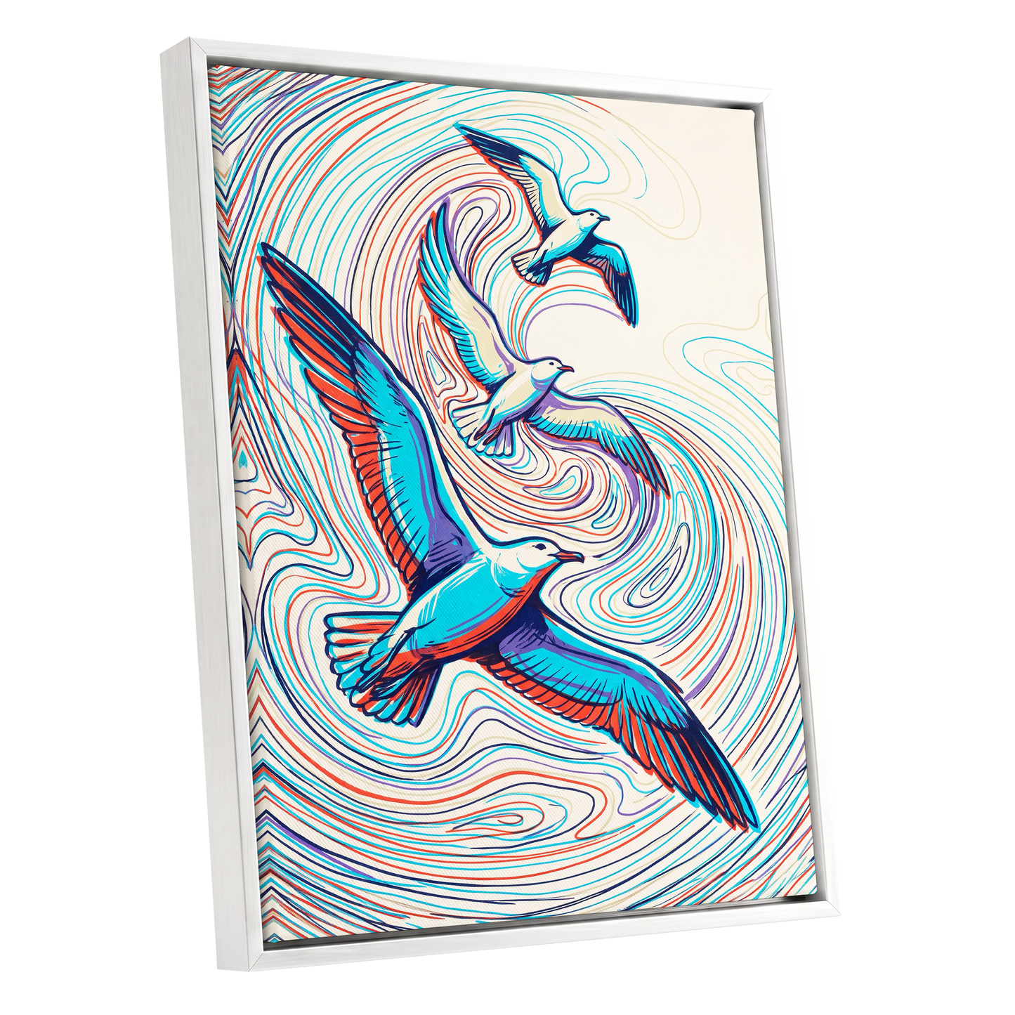 Gulls in the Slipstream, blue, red, beige nature wall art shown as a white framed canvas wall art