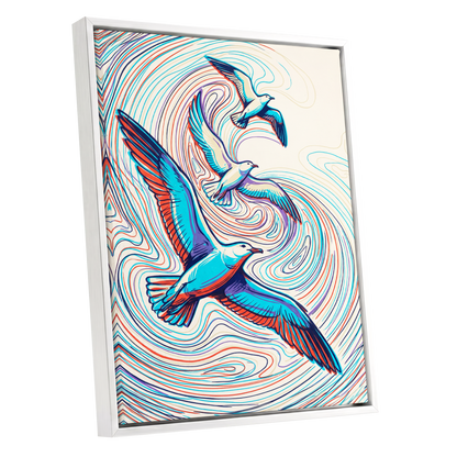 Gulls in the Slipstream, blue, red, beige nature wall art shown as a white framed canvas wall art