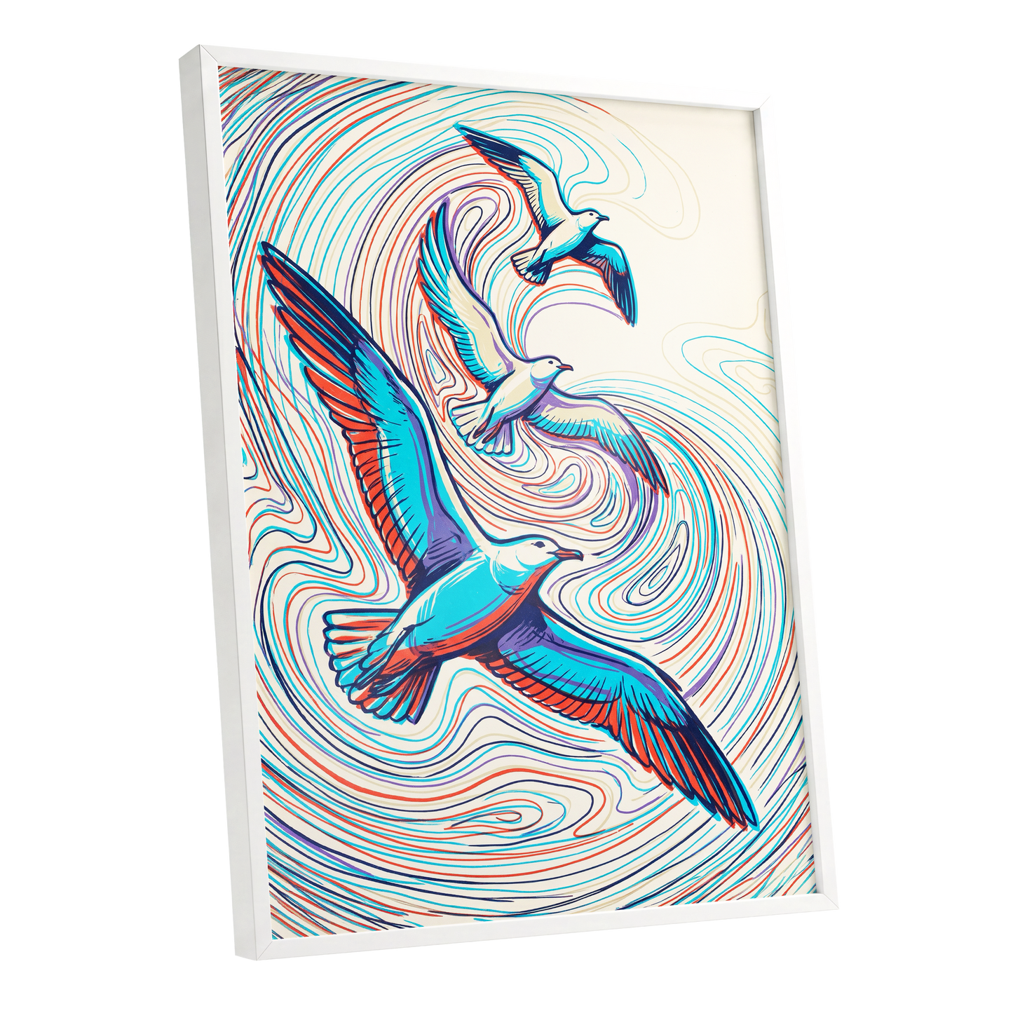 Gulls in the Slipstream, blue, red, beige nature wall art shown as a white framed poster wall art print